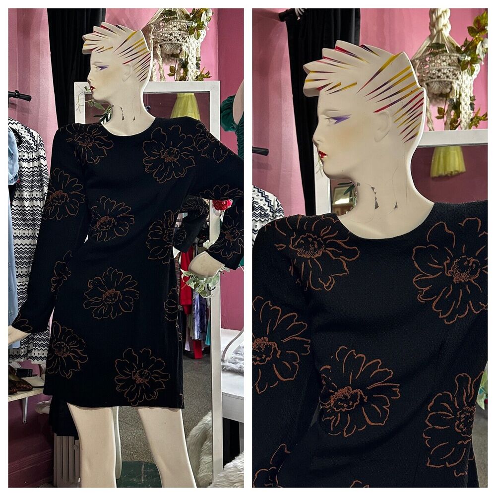 Vintage 90s Floral Print Mini Dress Black Orange Grunge Whimsy Goth M/L